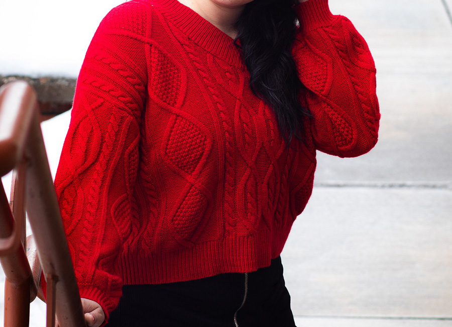 red knit sweater